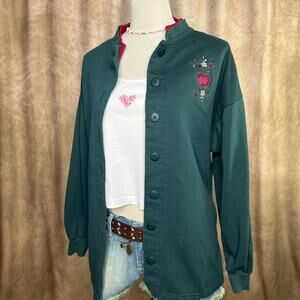 Vintage 90s Apple Embroidered Cardigan Sweater Green Button Up School Teacher